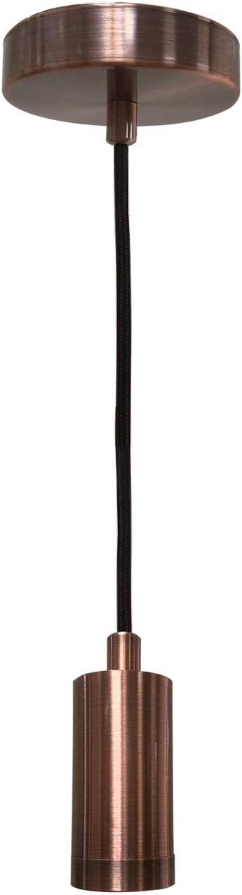 Royal Designs, Inc. Hanging Pendant Lighting, Keyless Cylinder-Shaped Pendant Light Socket and Canopy, Antique Copper with Brown Rayon Fabric Cord