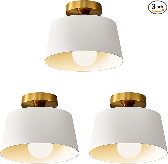 Modern Semi Flush Mount Ceiling Light 3 Pack,Metal Ceiling Light Fixture,E26 Ceramic Lamp Head,White and Gold Ceiling Lamp for Hallway Kitchen Entryway Bedroom Laundry Room (10Inch)