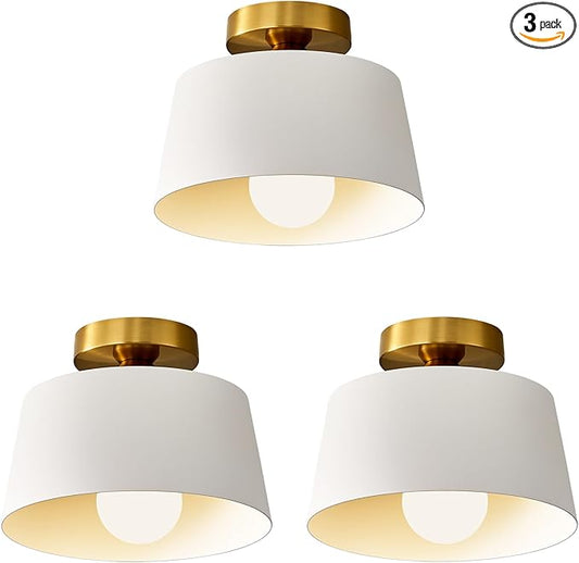 Modern Semi Flush Mount Ceiling Light 3 Pack,Metal Ceiling Light Fixture,E26 Ceramic Lamp Head,White and Gold Ceiling Lamp for Hallway Kitchen Entryway Bedroom Laundry Room (10Inch)