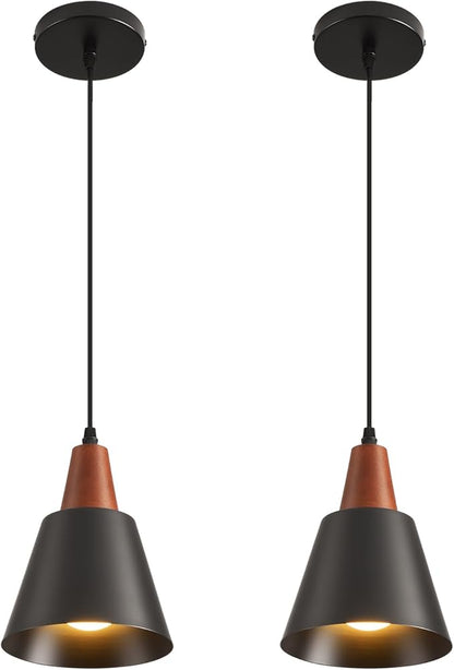 2 Pack Pendant Lights, Black Pendant Lights Kitchen Island,Wood Dome Minimalist Industrial Ceiling Hanging Lights for Kitchen Island, Barn, Dining Room, Living Roo m, Bedroom