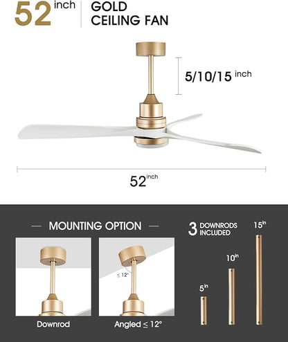 White and Gold Ceiling Fans with Lights and Remote, 52inch Modern Gold Ceiling Fan ETL Listed, 3 Downrods, 3 blades Gold Fan Reversible Quiet DC Motor, Timer,6-Speed for Outdoor Indoor,52in,White Gold