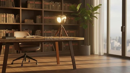 THOR INSTRUMENTS Vintage Industrial Style Brown Brass Finish Teak Wood Tripod Table LAMP Rustic Vintage Home Decor Gifts