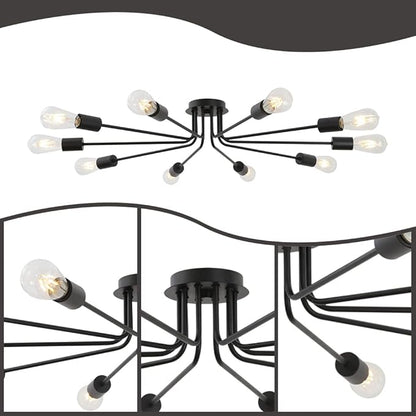 10 Lights Ceiling Light Vintage Metal Semi Flush Mount Light Ceiling Lamp Black Chandelier Lighting Fixture for Living Room Dining Room Kitchen Hallway Cafe