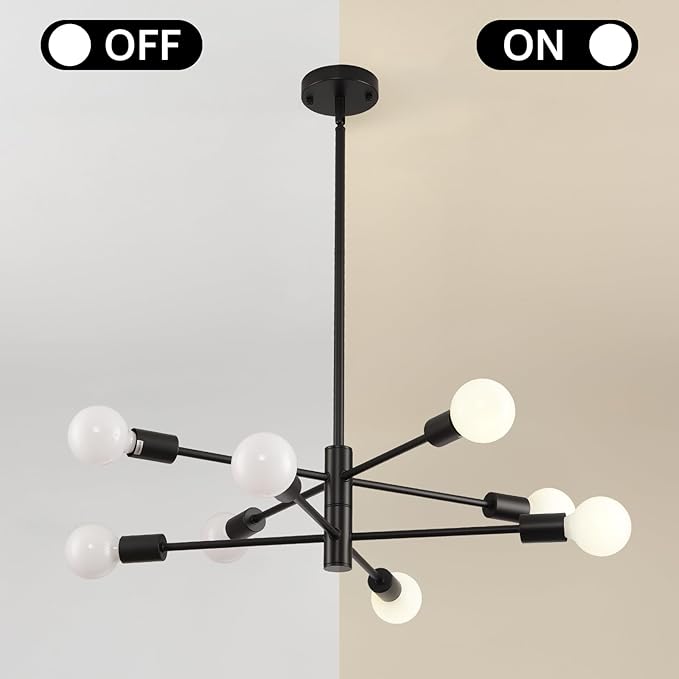 HHR Black Sputnik Light Fixture, 8-Light Modern Dining Room Chandelier, Height Adjustable Chandeliers for Kitchen Island Over Table, Mid Century Ceiling Lighting Fixture