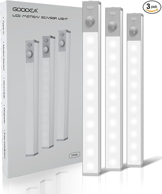 GOODEA 3 Pack Led Under Cabinet Lights Wireless, 7’’ Rechargeable Motion Sensor Light Indoor, Dimmable Closet Lights for Cabinets, Bookshelf, Stair, Hallway