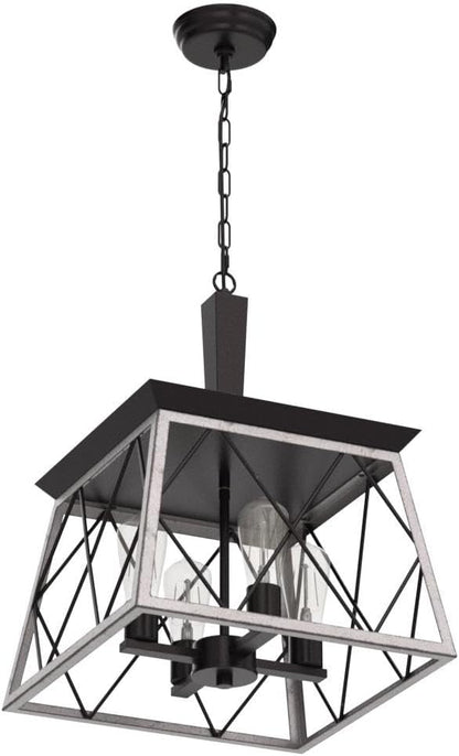 Q&S Farmhouse Vintage Chandelier, Rustic Pendant Light,Industrial Hanging Light Fixture for Dining Room Kitchen Island,Wrought Iron,ORB+Oak White 4 Lights E26 UL Listed