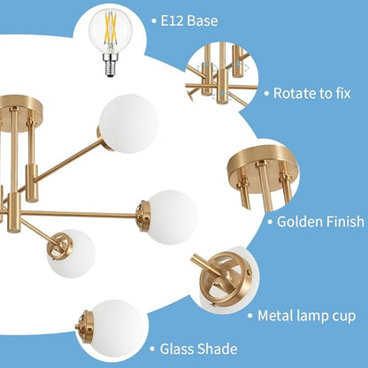 Biewalk Gold Sputnik Chandelier, Modern Globe Chandelier Light Fixture with Glass Globe Shade, Mid Century Ceiling Light 6-Light for Living Room Dining Room