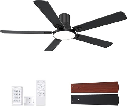 SNJ 60 Inch Black Ceiling Fans with Lights and Remote,Flush Mount Low Profile 5 Blades Ceiling Fan,Dimmable Quiet Reversible DC Motor for,Living Room,Bedroom and Patio