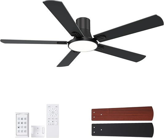 SNJ 60 Inch Black Ceiling Fans with Lights and Remote,Flush Mount Low Profile 5 Blades Ceiling Fan,Dimmable Quiet Reversible DC Motor for,Living Room,Bedroom and Patio