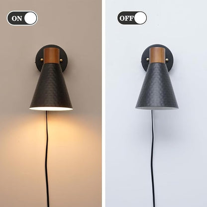 Black Plug in Wall Sconces Set of 2, Modern Bedroom Wall Light with on/off Cord, Wooden Plug Sconce with Hammered Metal Shade, Corded Wall Sconce Light for Decor Bedroom, Living Room, Hallway