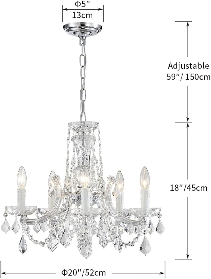 AGV LIGHTING CH001S Modern K9 Crystal Chandelier, Maria Theresa Style Light Fixture, 5-Lights, D20 x H18, Adjustable Chain 59", Chrome Finish Frame