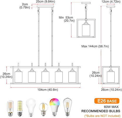 DSMJFU Black Farmhouse Rectangular Chandelier for Dining Room, 5-Light Linear Pendant Lighting, Rectangular Kitchen Island Light Fixture Over Table, Adjustable Height Chandelier Hanging Light