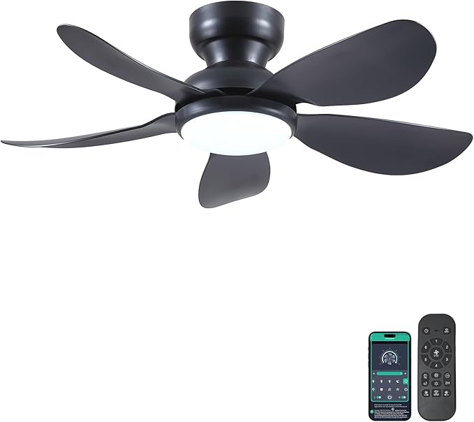 Kviflon 36 Inch Modern Ceiling Fans with Lights, Small Flush Mount Ceiling Fan, Remote/APP Control, 5 Reversible Curved Blades, 6 Speeds, 3 CCT Dimmable Lights for Kids Room Bedroom, Black