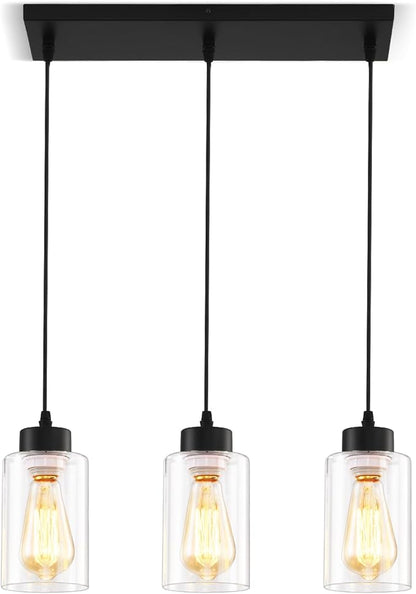 Black Chandelier,Farmhouse Light Fixtures Over Table, Dining Room Light Fixture Kitchen Island Lighting Chandeliers,Modern Pendant Light with Clear Glass Shade,Industrial Hanging Lighting