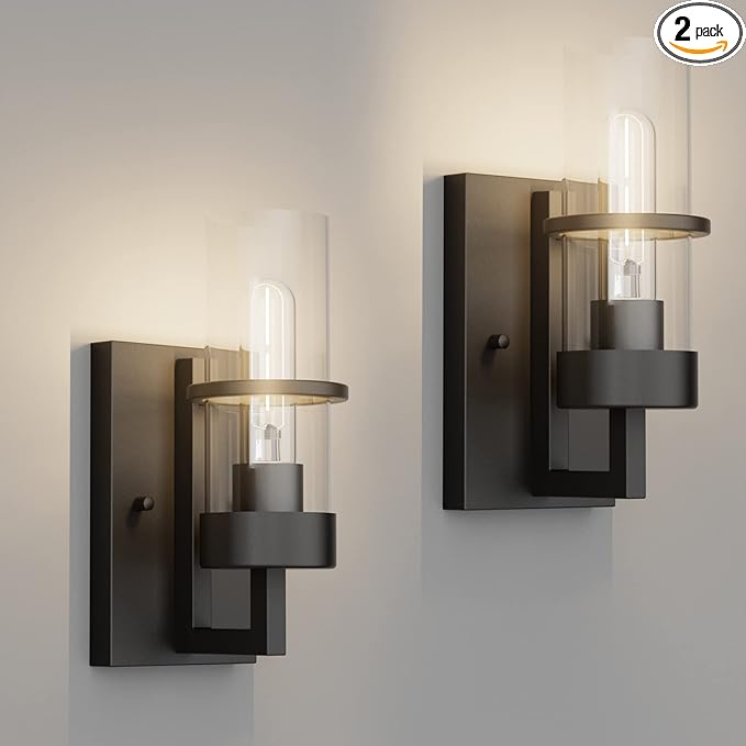 Tipace Black Hardwired Wall Sconces Set of 2,Modern Bathroom Vanity Sconces Wall Lighting with Clear Glass Shade,Farmhouse Wall Mount Lights for Mirror Bedroom Living Room Hallway Kitchen