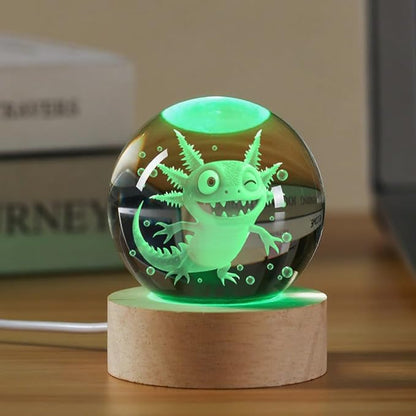 Axolotl 3D Crystal Ball Night Light, 2.36 inch, Axolotl Gifts for Kids Birthday Decorations LED Base Christmas Decor Handmade Emotional Support Doll