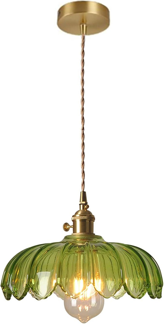 Green Glass Pendant Light Fixtures Medium 9.8 Inches Lampshade Gold Brass Finish and Switch Vintage Pendant Ceiling Lamp Copper Farmhouse Pendant Lighting (Green)