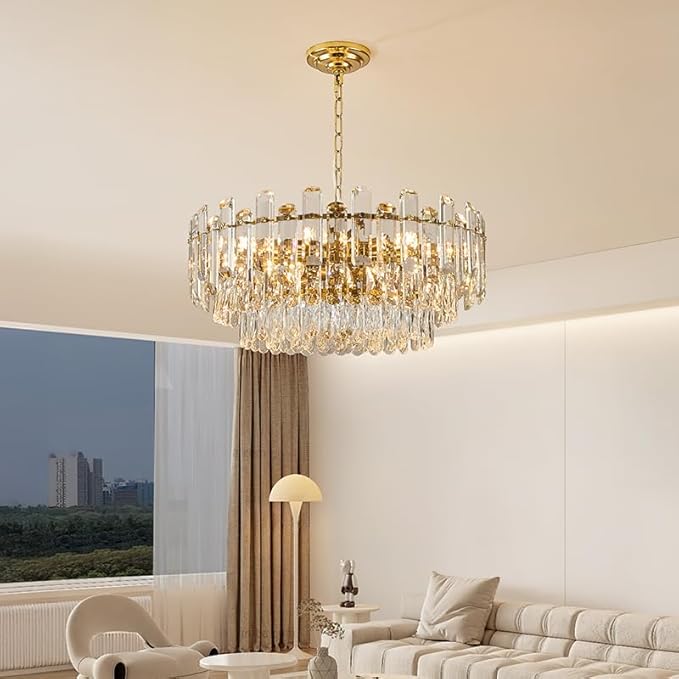 23.6" Gold Crystal Chandeliers Fully Transparent Crystal Modern3-Tier Luxury Pendant Light 12-Light Ceiling Pendant Lighting for Dinning Room Living Room Foyer