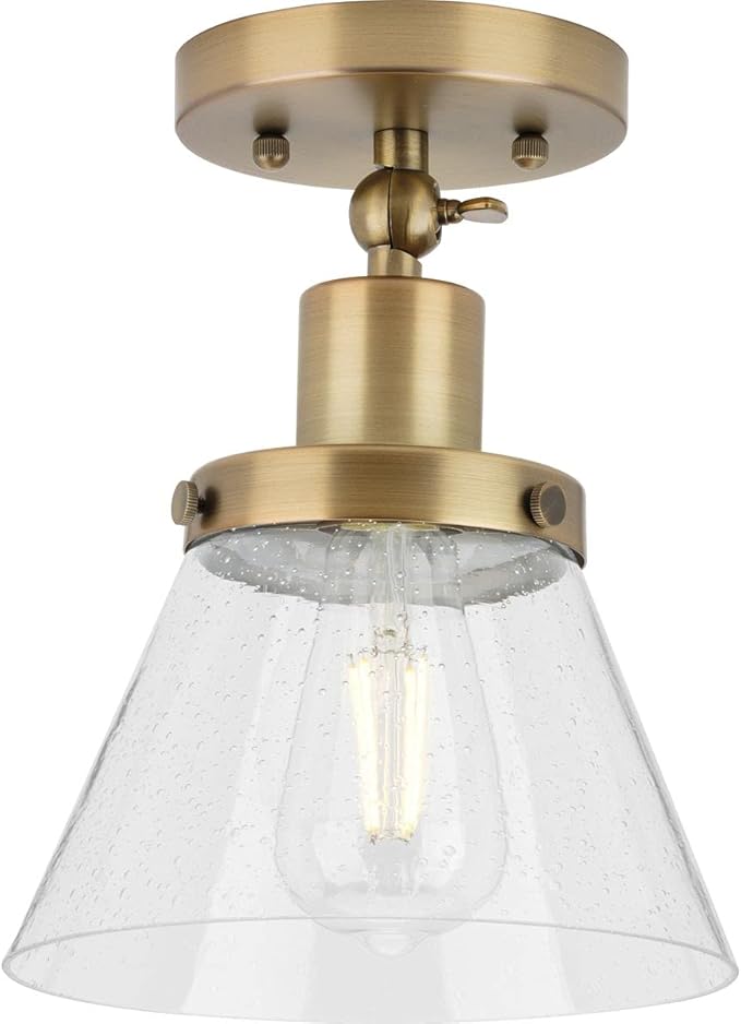 Progress Lighting Hinton Collection 1-Light Seeded Glass Vintage Brass Industrial Flush Mount Ceiling Light