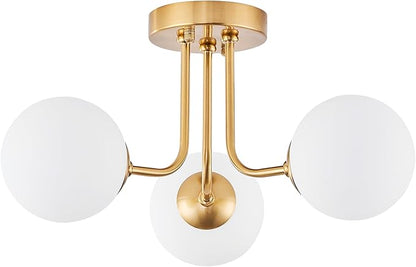 Modern Semi Flush Mount Ceiling Light,Globe Milk Glass Shade Brushed Brass Finish Ceiling Light 3-Light with Ceramic Base,Sputnik Chandeliers for Bedroom Hallway Dining Room Lighting Fixture