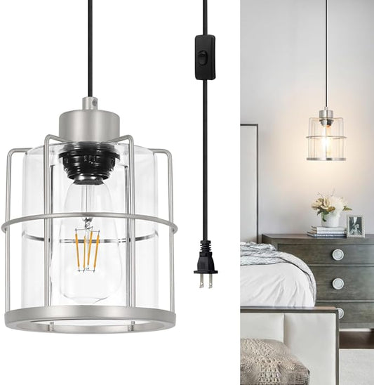 Brushed Nickel Plug in Pendant Light, Hanging Lights with Plug in Cord, Corded Cage Hanging Lamp, Plug in Swag Light Fixtures with Clear Glass, Pendant Lights for Kitchen Island Living Room