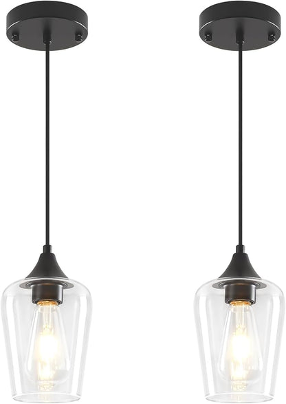 2-Pack Black Pendant Lights Kitchen Island, Modern Glass Pendant Lighting Over Island Kitchen Hanging Light Fixtures Hallway Pendant Lights for Bathroom Dining Room Entryway Foyer Bedroom