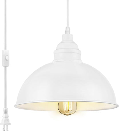 Plug in Pendant Light, 15FT Hanging Lights with Plug in Cord, On/Off Switch, Industrial Pendant Light with Plug in Cord, Metal Hanging Lamps for Living Room, Kitchen, Dining Room-Large White