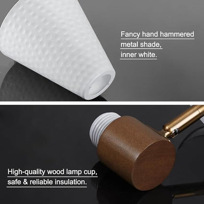 White Plug in Wall Sconces Set of 2, Modern Wall Light with Plug in Cord, Wooden Plug in Sconce with Hammered Metal Shade, Corded Wall Sconce Light Wall Lamp for Bedroom, Living Room, Hallway