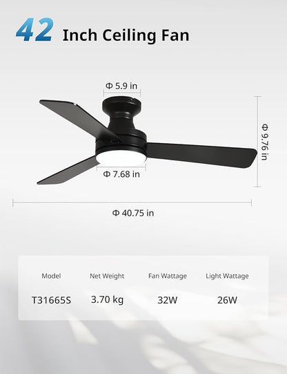 Orison Smart Ceiling Fans with Lights – 42" Low Profile Flush Mount, RGB Backlight & Dimmable LED, Alexa & Google Compatible, 6-Speed Reversible, App & Remote Control, Quiet & Energy Saving, Black