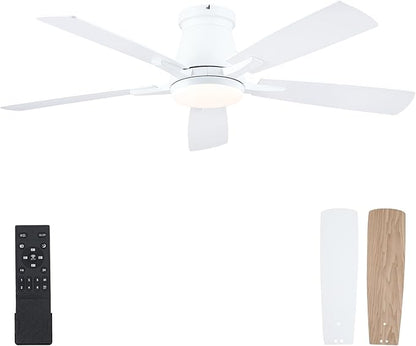 Surtime 52" Ceiling Fans with Lights-Low Profile Ceiling Fan with Light and Remote/APP Control,Flush Mount,White Ceiling Fans for Bedroom,Indoor/Outdoor Patio Use