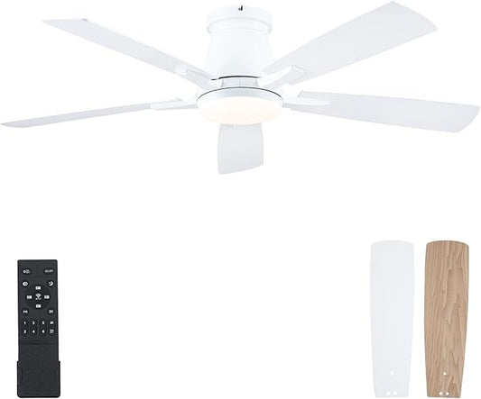 Surtime 52" Ceiling Fans with Lights-Low Profile Ceiling Fan with Light and Remote/APP Control,Flush Mount,White Ceiling Fans for Bedroom,Indoor/Outdoor Patio Use