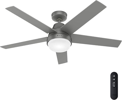 Hunter 52 inch Indoor Ceiling Fan with LED Light and Remote Control - Silver Modern Smart Ceiling Fan, Standard Mount, 5 Blades, For Bedroom, Living Room, or Kitchen - Aerodyne 51315, Matte Silver