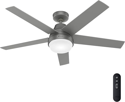 Hunter 52 inch Indoor Ceiling Fan with LED Light and Remote Control - Silver Modern Smart Ceiling Fan, Standard Mount, 5 Blades, For Bedroom, Living Room, or Kitchen - Aerodyne 51315, Matte Silver