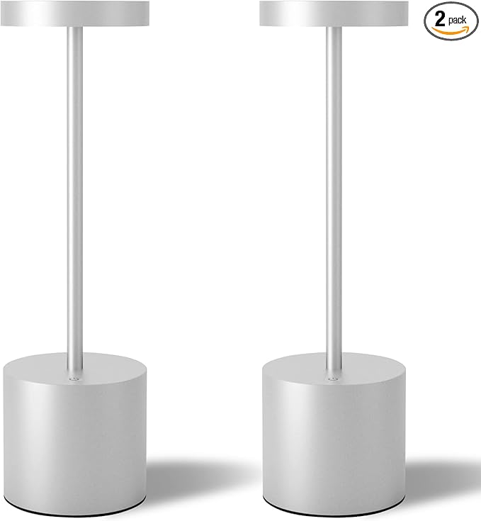 TBBGA Cordless Table Lamps Set of 2, 5000mAh Rechargeable Battery Powered Lamp, 3 Color Stepless Dimming LED Table Lamp, Portable Table Light for Outdoor/Indoor/Restaurant/Home. (Silver)