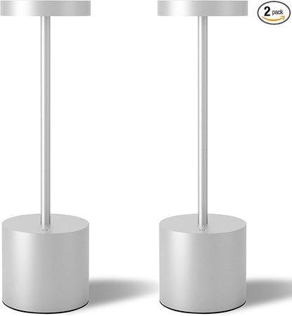 TBBGA Cordless Table Lamps Set of 2, 5000mAh Rechargeable Battery Powered Lamp, 3 Color Stepless Dimming LED Table Lamp, Portable Table Light for Outdoor/Indoor/Restaurant/Home. (Silver)