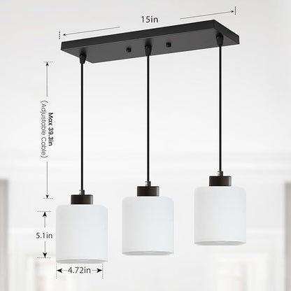 3-Light Pendant Light Fixtures with Milky White Glass, Black Hanging Light Fixture for Ceiling, Adjustable Kitchen Island Light for Dinning Room, Bedroom,Hallway, E26 Base, Bulbs Not Included