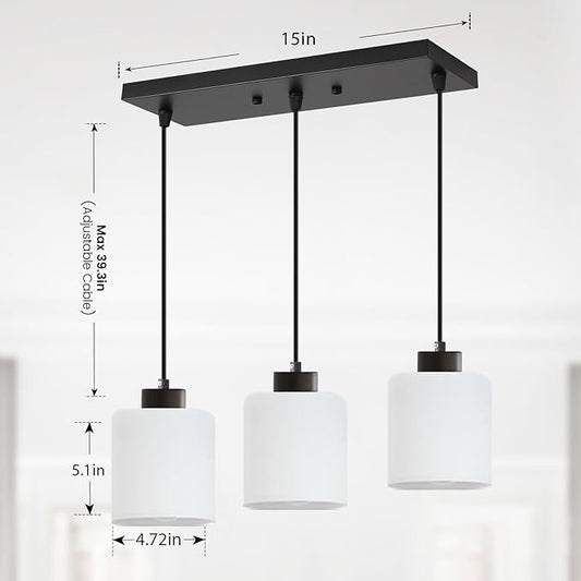 3-Light Pendant Light Fixtures with Milky White Glass, Black Hanging Light Fixture for Ceiling, Adjustable Kitchen Island Light for Dinning Room, Bedroom,Hallway, E26 Base, Bulbs Not Included