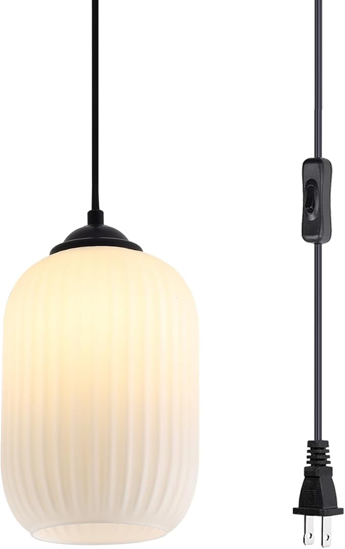 Small Black Pendant Light with Plug in Cord Mini Cylinder Glass Pendant Light Bedside Pendant Lights Plug in Milk Glass Hanging Dining Room Light Fixture