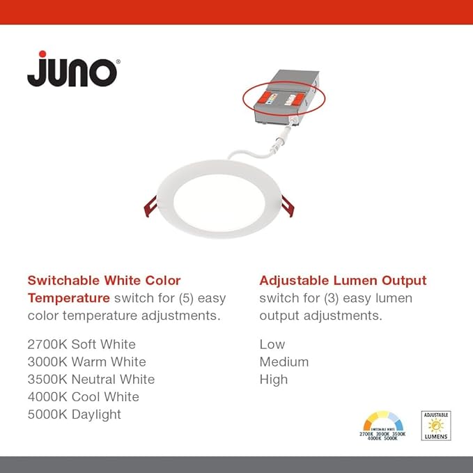 Juno WF4 ALO19 SWW5 90CRI MVOLT MW M6 Canless LED Wafer Downlight, Switchable White 2700K-5000K, Adjustable Lumens, Flat Trim, Matte White, 4-Inch