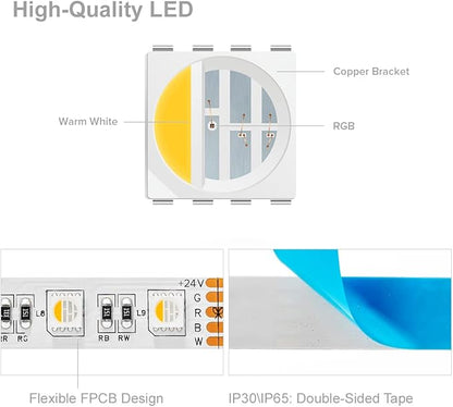 BTF-LIGHTING 5050 RGBW RGB+Cool White(6000K-7000K) 4 Colors in 1 LED Tape Light DC24V 5m 16.4ft 60LED/m Multi-Colored IP65 White 12mm PCB for Bedroom Kitchen Home Decoration(No Adapter or Controller)