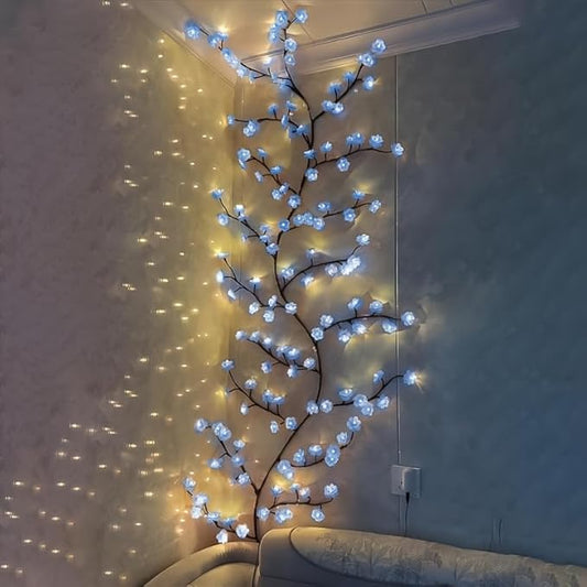 Blue Cherry Blossom Tree Branch Lights for Wall,Cherry Enchanted Willow Vine Lights,with 144 LED and 8 Lighting Modes,Remote Timer,for Bedroom Wall Doors Windows Wedding Christmas Holiday (90inch)