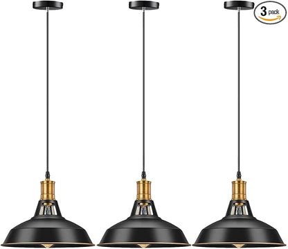 Pynsseu Farmhouse Style Industrial Pendant Light, Vintage Barn Hanging Pendant Lighting, Modern Pendant Lamp Fixture 3 Pack, Oil Rubbed Black Finish