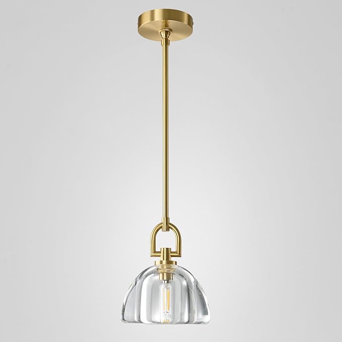 Single K9 Crystal Pendant Light with Brass Rod,7" Dimmable Contemporary Hemispher Light Above Dining Table,Modern Ceiling Hanging Lighting for Bedroom E12 Bulbs Included
