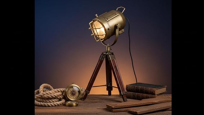 THOR INSTRUMENTS Vintage Industrial Style Brown Brass Finish Teak Wood Tripod Table LAMP Rustic Vintage Home Decor Gifts