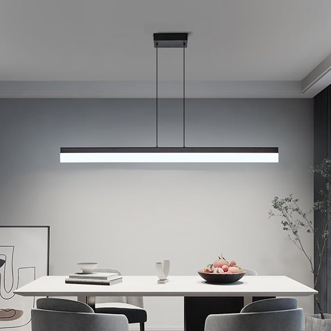 Black Wood LED Kitchen Island Lighting, 39 Inch LED Linear Pendant Light, Dimmable Ceiling Hanging Chandeliers for Dining Room Living Room Bar Pool Table 24W, Modern Farmhouse Fixture, 6000K