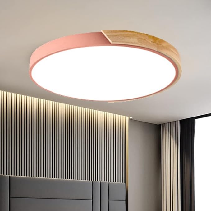 LED Ceiling Light Fixture,16 Inch Modern Wood Recessed Ceiling Lights, Dimmable Light,Pink 24W Close to Ceiling Lighting Flush Mount Living Room Bedroom,3000K-6000K