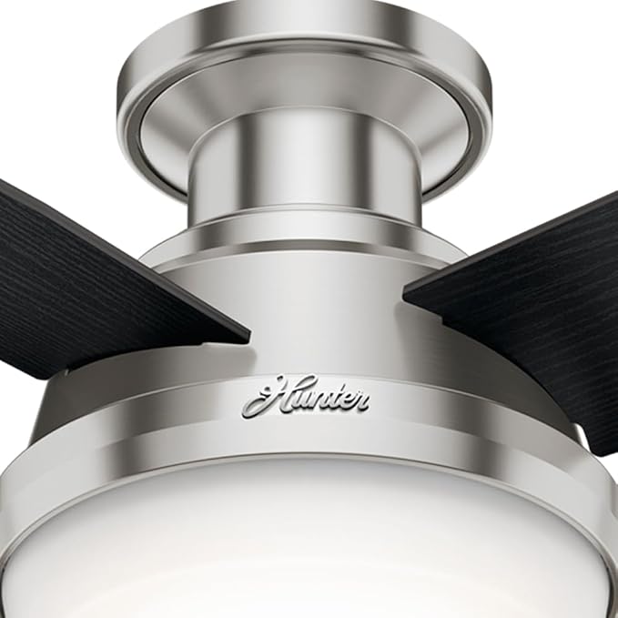 Hunter 44 inch Indoor Ceiling Fan with LED Light and Remote Control - Modern Ceiling Fan, Low Profile Mount, 4 Black Oak Blades, For Bedroom, Living Room, or Kitchen - Dempsey 59243, Brushed Nickel