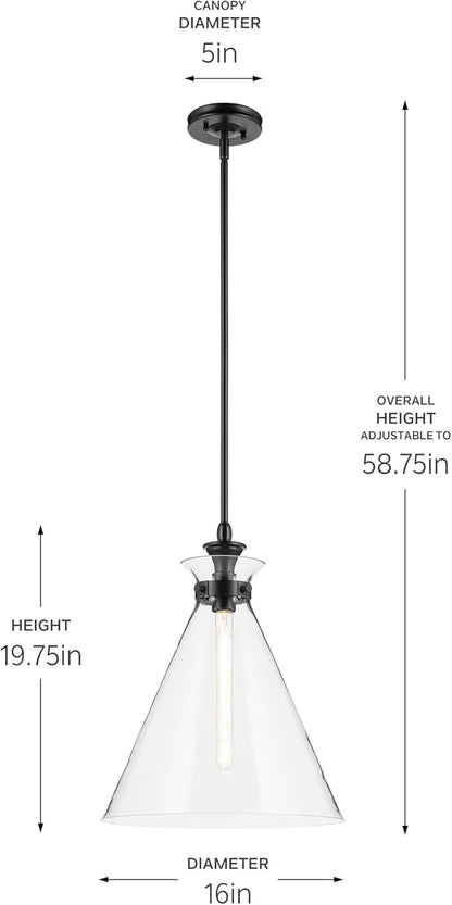 Kichler Laria 1-Light Pendant, Updated Traditional Light, Sloped Ceiling Compatible, for Kitchen with Clear Glass in Black (19.75" x 16"), 52775BKCLR