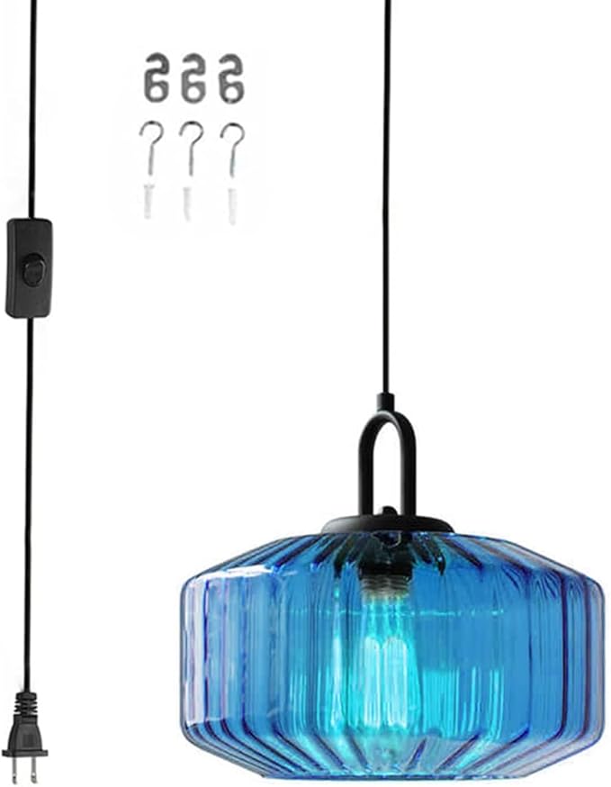 Plug in Hanging Lamp Blue Striped Glass Shade Modern Pendant Light with Plug in Cord Mid Century Pendant Light Fixture Plug in Chandelier Swag Ceiling Lamp for Living Room Bedroom