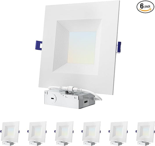 6 Pack 6 Inch Square Ultra-Thin Led Recessed Lighting,Recessed Led Downlight with Junction Box,5CCT 2700K-5000K Dimmable,with Baffle Anti-Glare,11W 900LM,ETL & ES